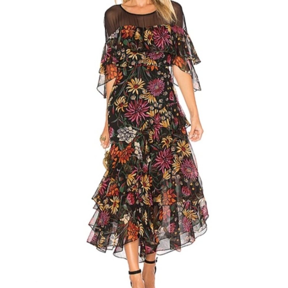Cinq A Sept Silk Floral Ruffle Dress Cocktail Special Occasion Formal Size 4